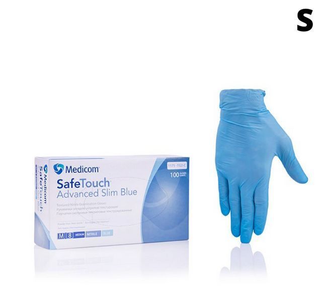 Нітрилові рукавички Medicom р.S. Safe Touch Advanced Slim Blue. 100 шт/уп. Текстуровані. НП-77 фото