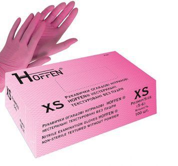 Нитриловые перчатки р. XS. HOFFEN 100 шт/уп. Розовый с текстурой на пальцах НП-139 фото
