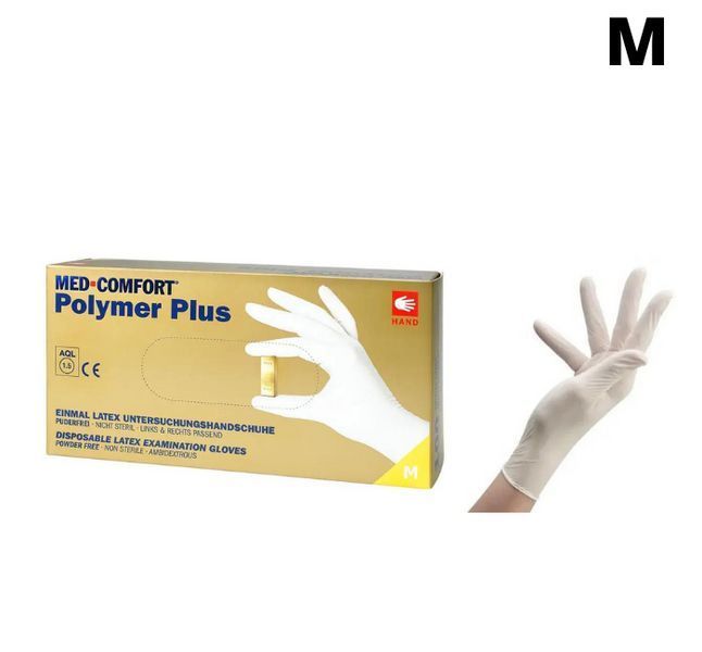 Латексні рукавички M непудровані, нестерильні, AMPri Medcomfort Polymer Plus (100шт/уп) ЛП-17 фото